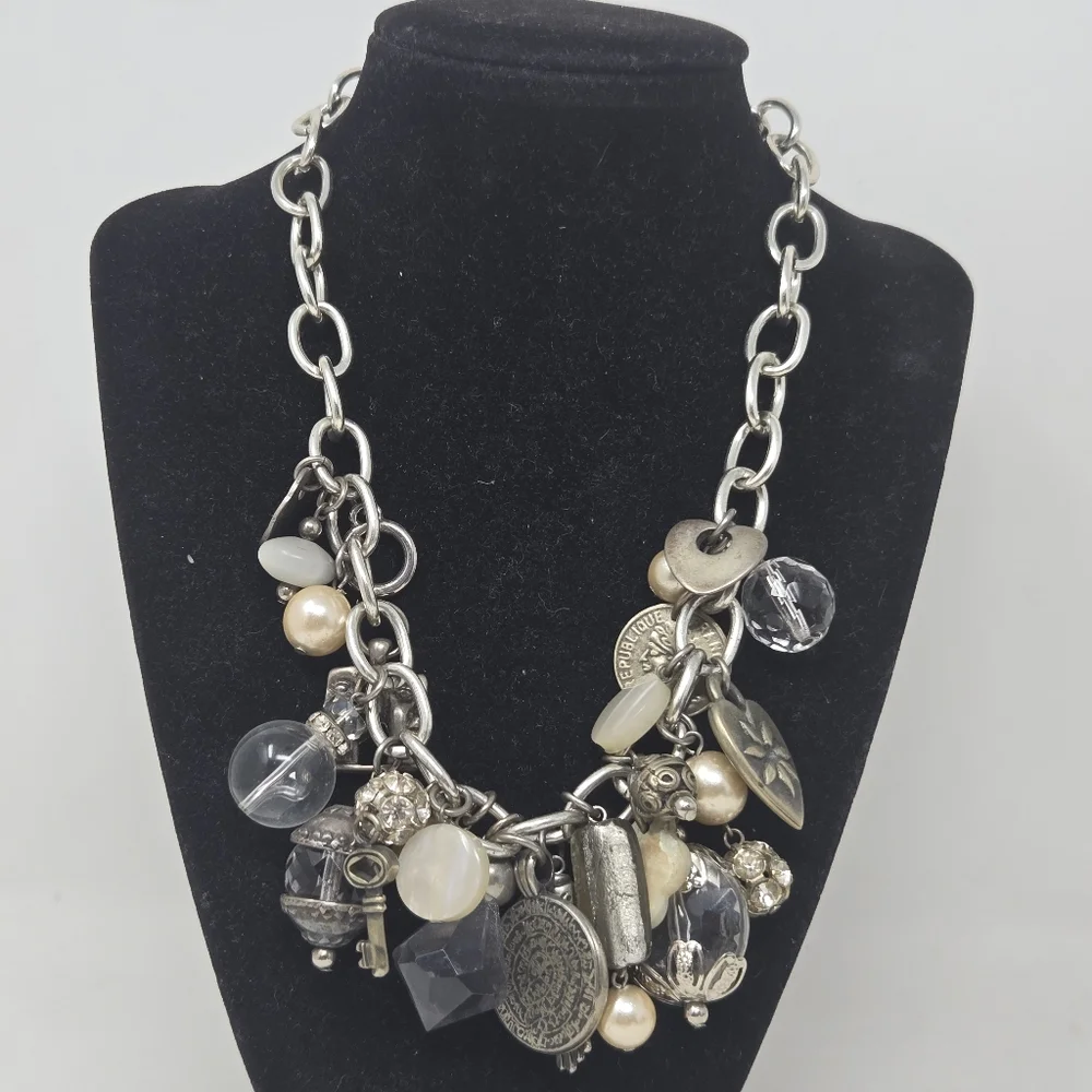 Chunky Silver‎ Chain Necklace Large Heart Charms Vintage Y2K Style Statement